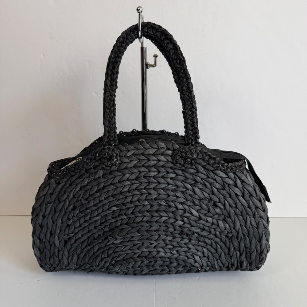 Vintage Sun Black Woven Straw Bag Braided Handle Satchel Boho Resort Coastal